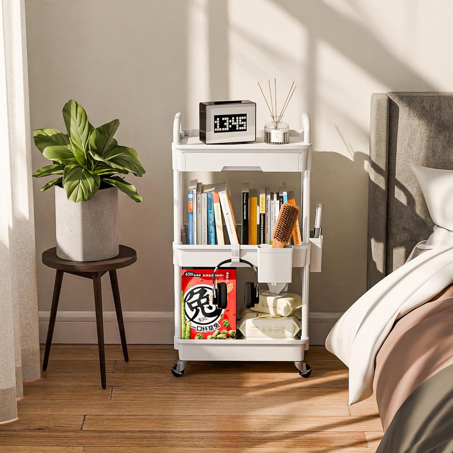 3 Tier Rolling Cart Organizer,Laundry Room Bathroom Organizers and Storage Office Shelves Mobile Shelving Unit Kitchen Trolley Cart with Wheels for Art,Craft,Diaper,Bedside,Snack(White)