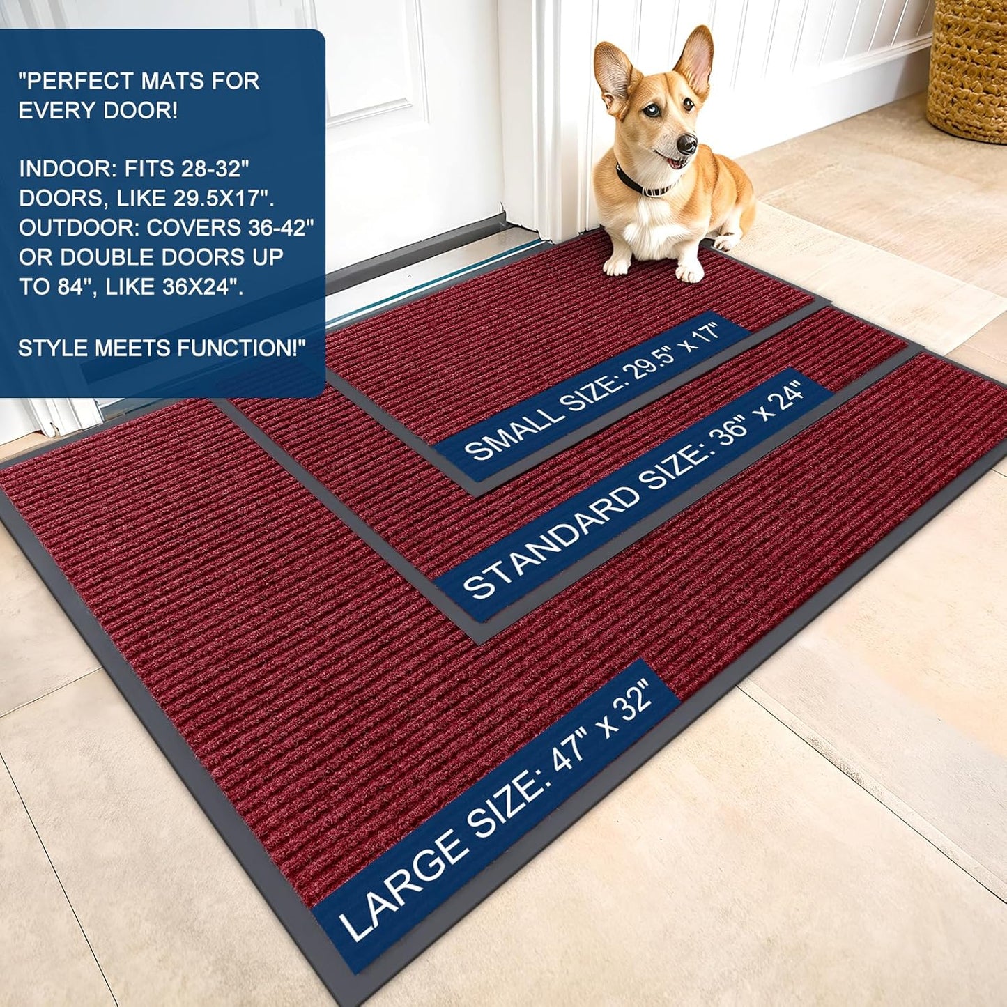 OLANLY Front Door Mat Indoor Outdoor Entrance, Waterproof Heavy Duty Doormat, Fade Resistant, Low Profile, Easy Clean Patio Porch Welcome Floor Mats for Entry, 29.5x17, Wine Red