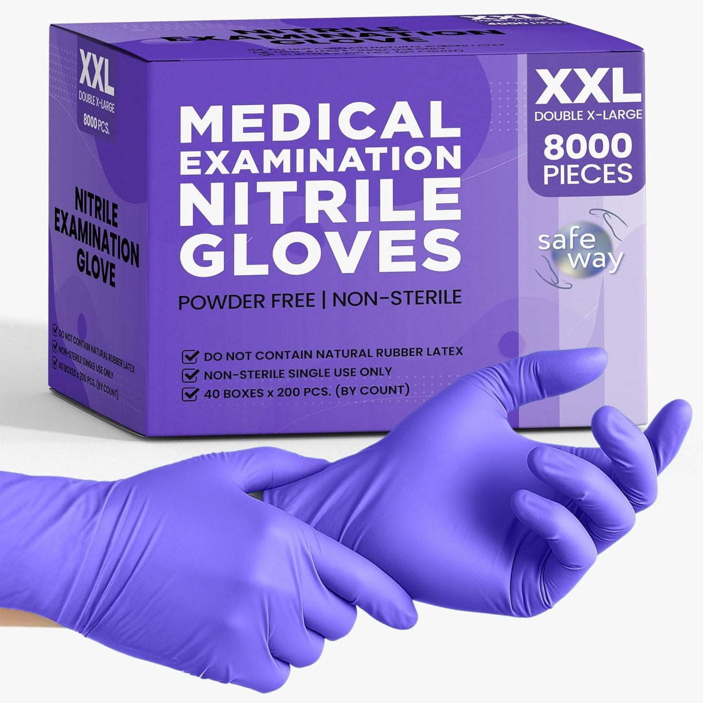 SafeWay Nitrile Disposable Gloves — Multi-Purpose Powder-Free, Non-Latex, Medical Use, and Textured Fingertips for Food Prep, Cleaning, Tattoo, Nursing, Lab, Examination, & More — (8000pcs, 2X Large)