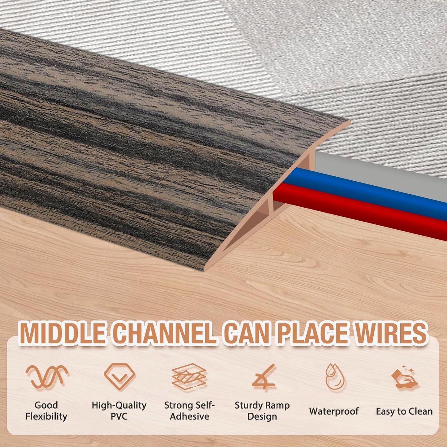 Floor Transition Strip Self Adhesive Vinyl Door Threshold for Doorways Carpet Edging Trim Overlap Edge Reducer for Laminate Floor, Carpet, Tile (Smoked Brown Wood Grain, 1/5" to 2/5", 10Ft)