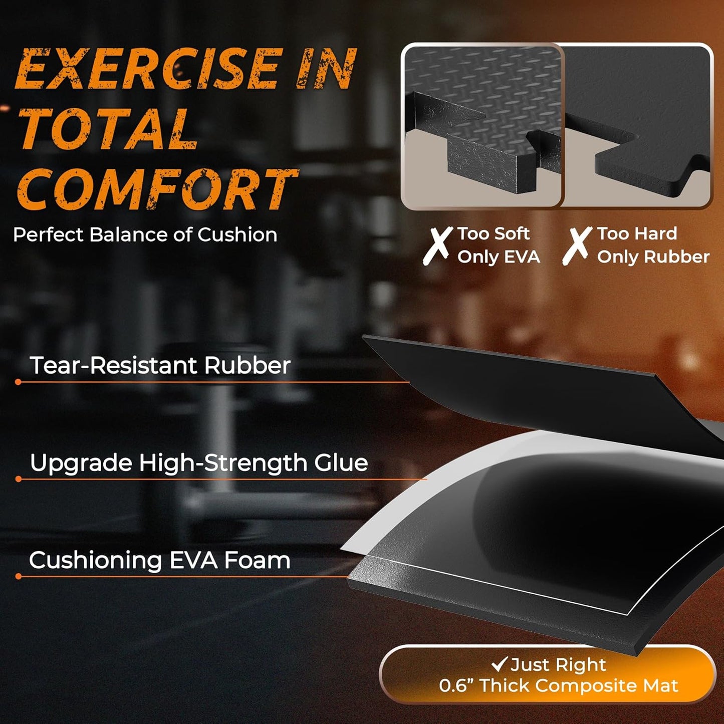 PRAISUN 0.6" Thicker Gym Mat, 6 Tiles 24 Sq Ft Workout Mats, Interlocking Foam Tiles with Rubber Top, High Density EVA Foam, Exercise Mat, Gym Flooring for Home Gym, Garage, 24 x 24in, Black