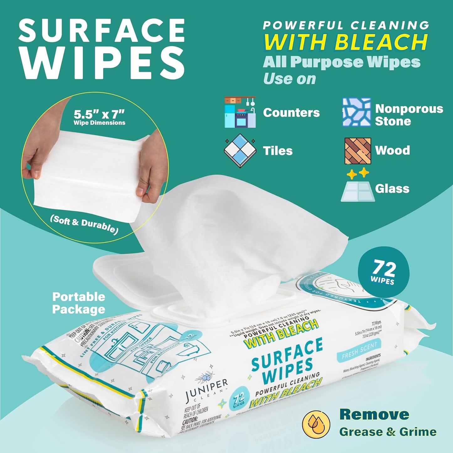 1 Pack Surface Wipes with Bleach, All-Purpose Cleaner for Bathroom, Kitchen, Office, 72 Count Soft Flow, Fresh Scent, Lint Free & Durable