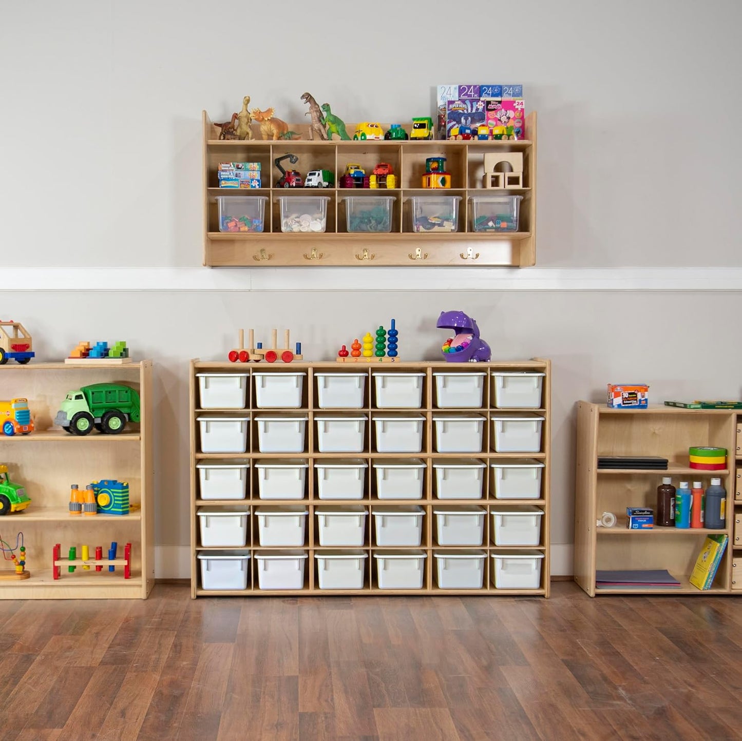 Wood Designs Cubby Storage Bin, Heavy Duty Plastic Containers for Kids White Cubby Tray Set of 30