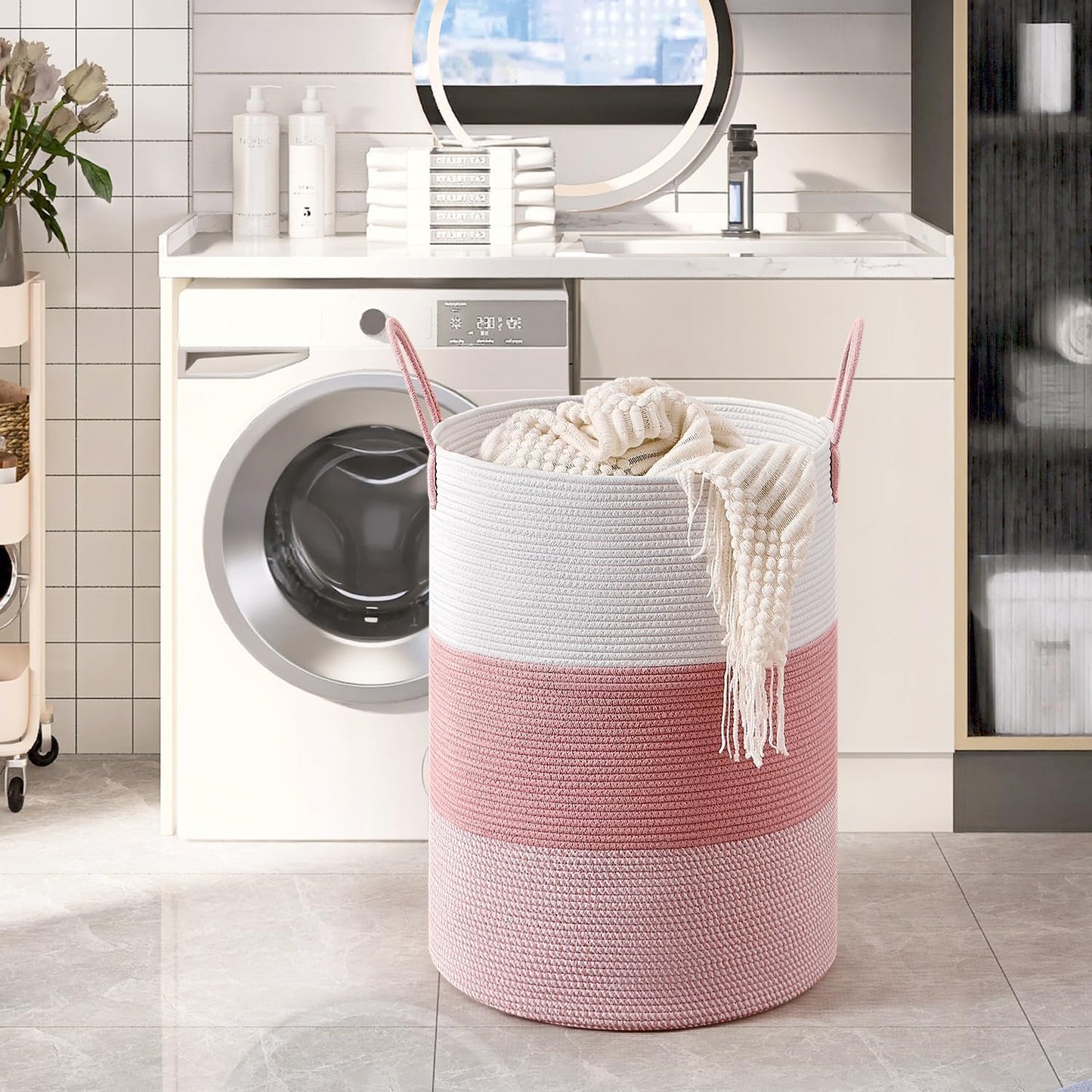 CLHMILY&Z 100L Laundry Basket Round Storage Rope Basket - 18.1x24 Inches - Pink Hamper in Bedreoom and Cute Storage Bin for Blankets, Toys, and Nursery Essentials