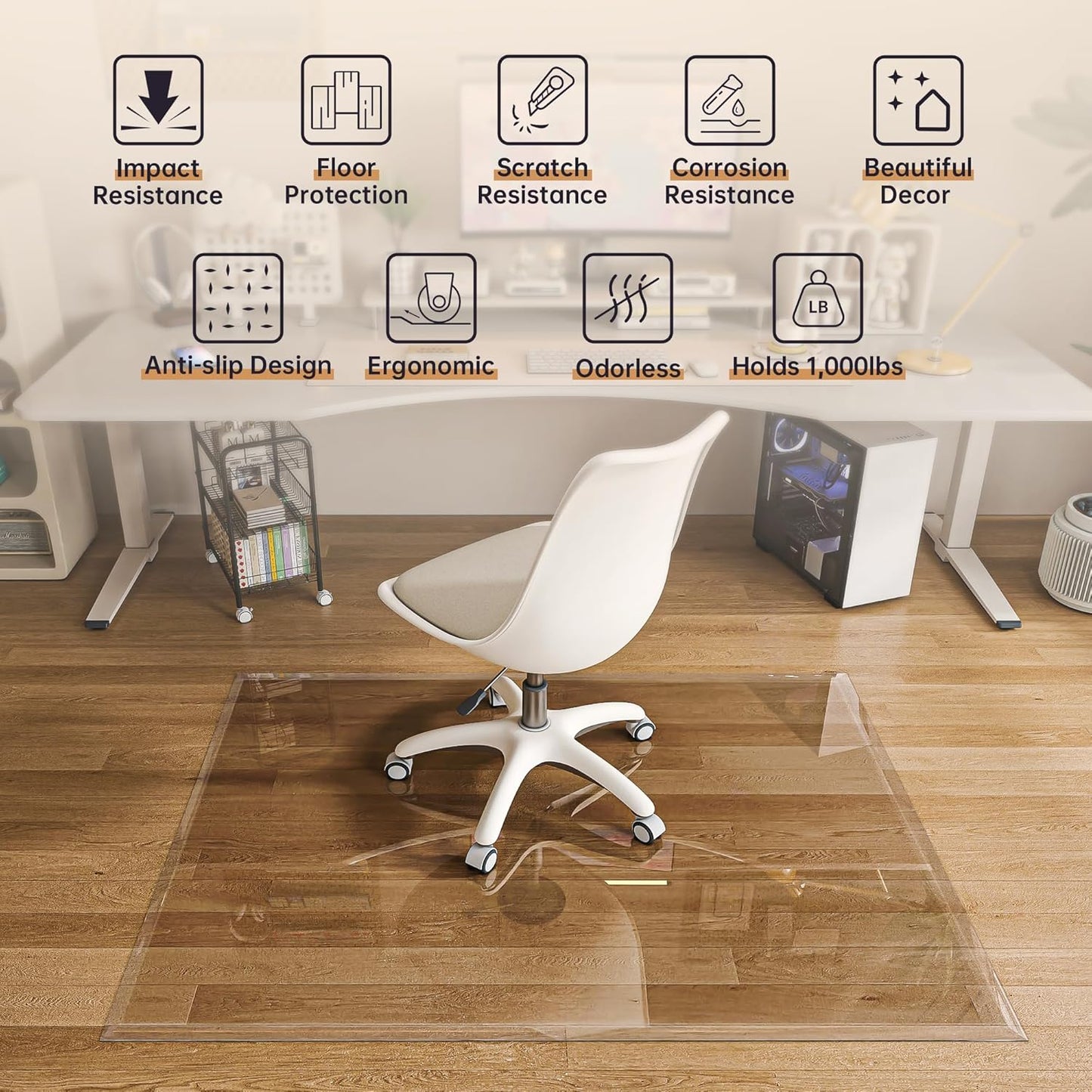 [Tempered Glass] 55“ x 46” Beveled Edge Glass Chair Mat with Polished Edge Clear Office Chair Mat, Glides Smoothly, Suitable for Carpet or Hardwood Floors