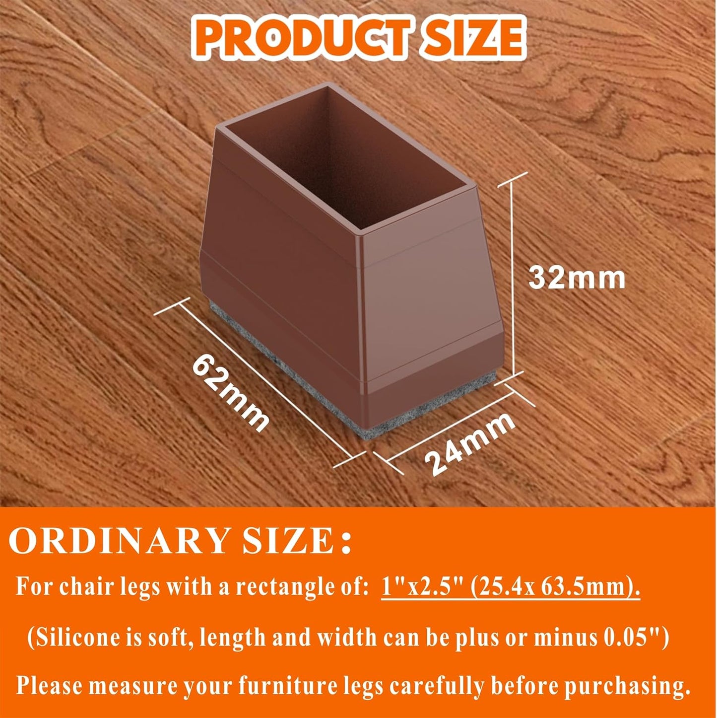 Rectangle Chair Leg Protectors for Hardwood Floors,16 PCS Silicone Covers to Protect Wood Tile Floors Felt Pads Furniture Leg Caps Reduce Noise. Easy to Move.(Brown,1 x 2.5 Inch,Rectangle)