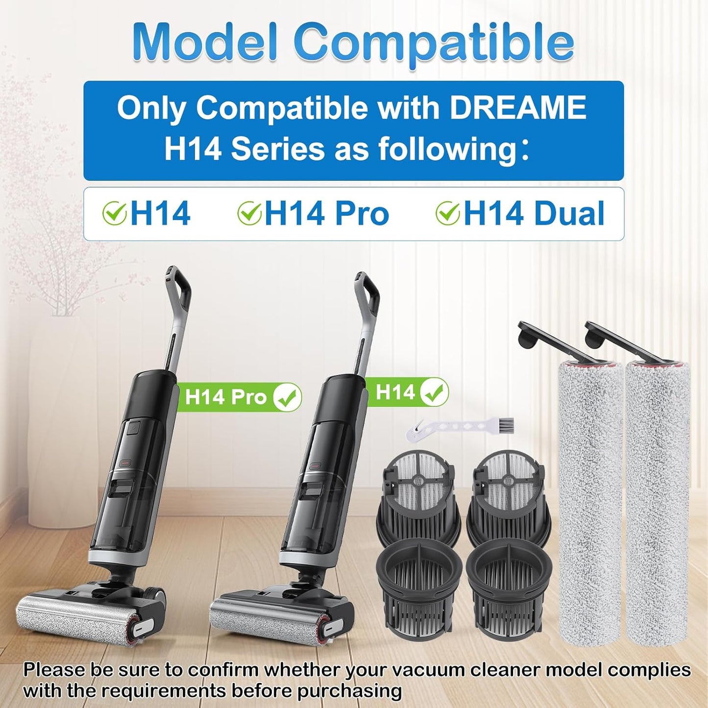 Roller Brush and Filter Replacement Compatible with Dreame H14, H14 Pro Vacuum Cleaner, Replaces Part Include 2 Rollers and 4 Hepa Filters