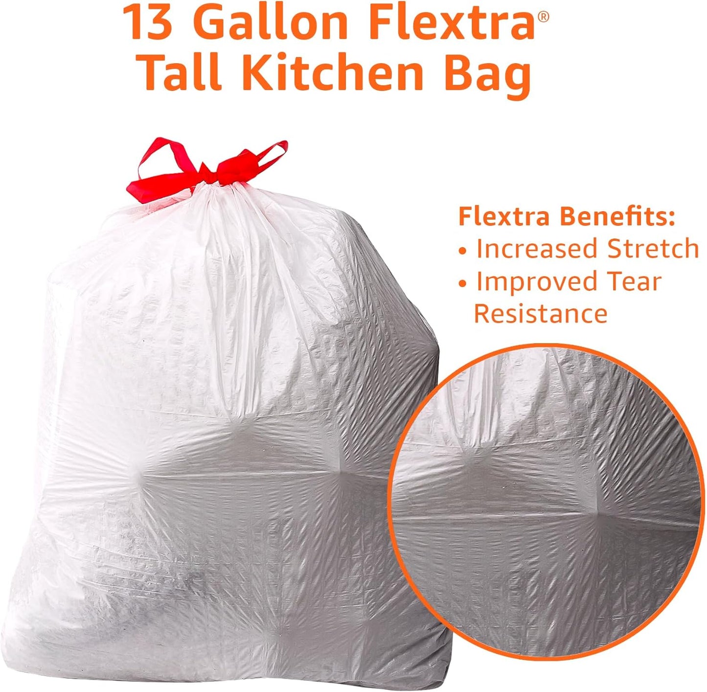 Amazon Basics Flextra Tall Kitchen Drawstring Trash Bags, 13 Gallon, 120 Count