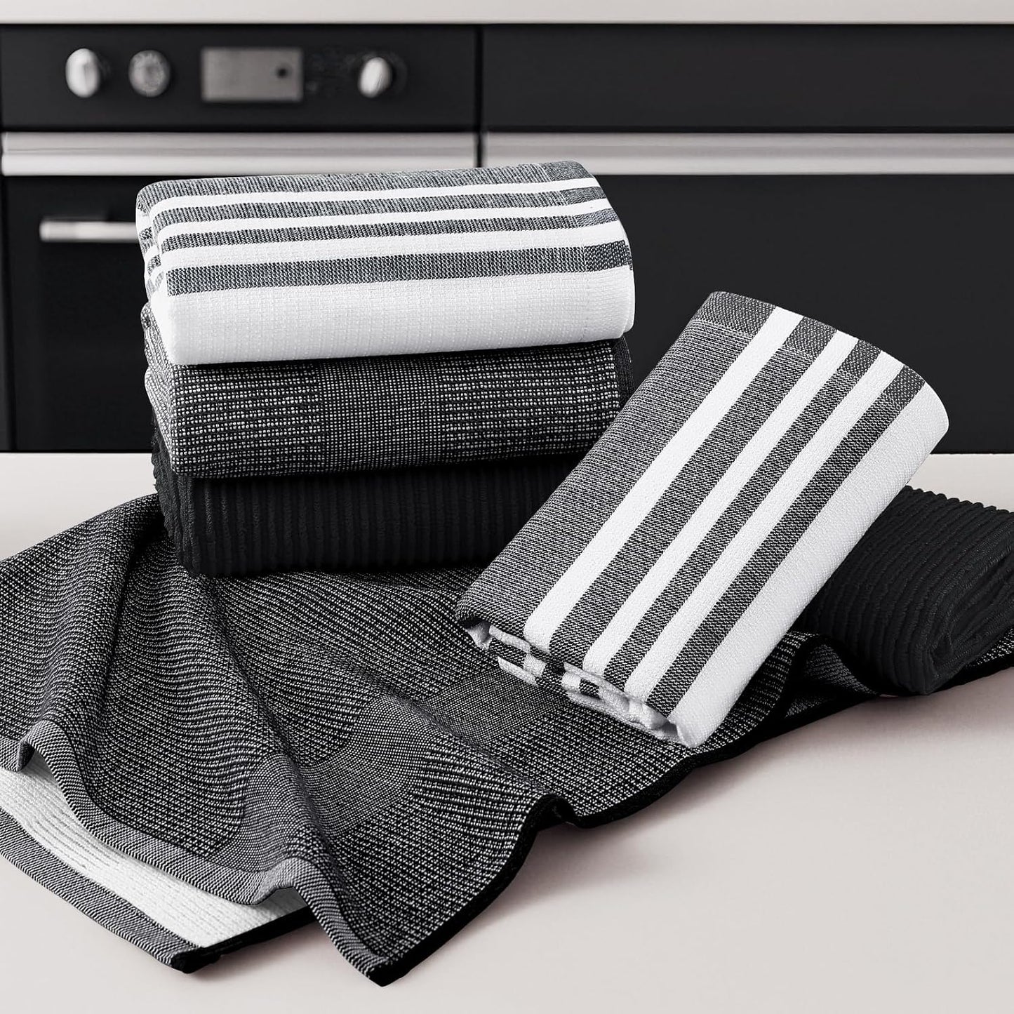 Homaxy Premium Kitchen Towels(18”x 28”, 12 Pack), Large Cotton 380 GSM Kitchen Hand Towels, Soft and Absorbent Terry Dish Towels, Multipurpose Tea Towel Set with Hanging Loop, Black