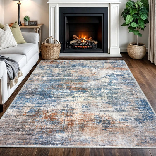 IOHOUZE Abstract Area Rugs 5x7 Ft Washable Rugs for Living Room, Non Slip Dining Room Rug, Printed Faux Wool Rugs for Bedroom, Floor Carpet for Office Nursery Playroom, Blue Rust