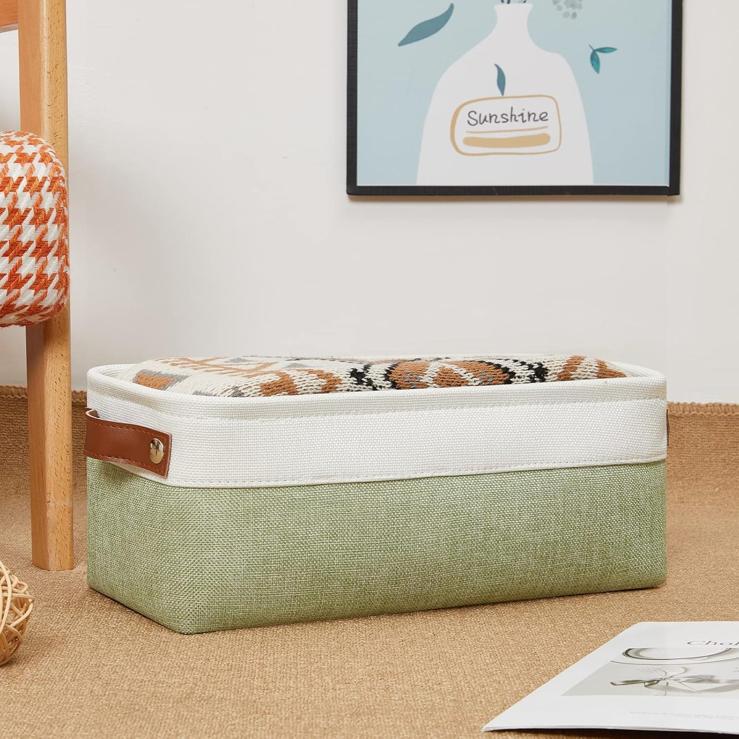 DULLEMELO Narrow Storage Basket for Bathroom, Toilet Paper Holder, Canvas Storage Basket for Organizing (White & Green)