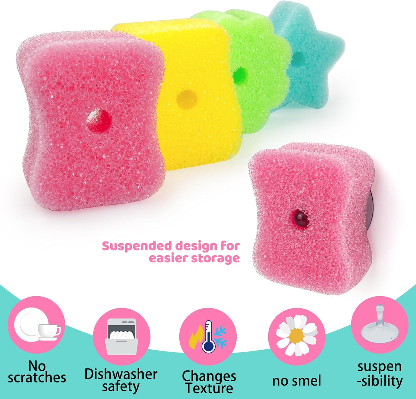 4 Pack Kickleen Scrub Color Sponge with Suction Hanger‌‌,Non-Scratch, Multipurpose Dish Cleaning Temperature Controlled Sponge for Kitchen, Bathroom (Mix Color)