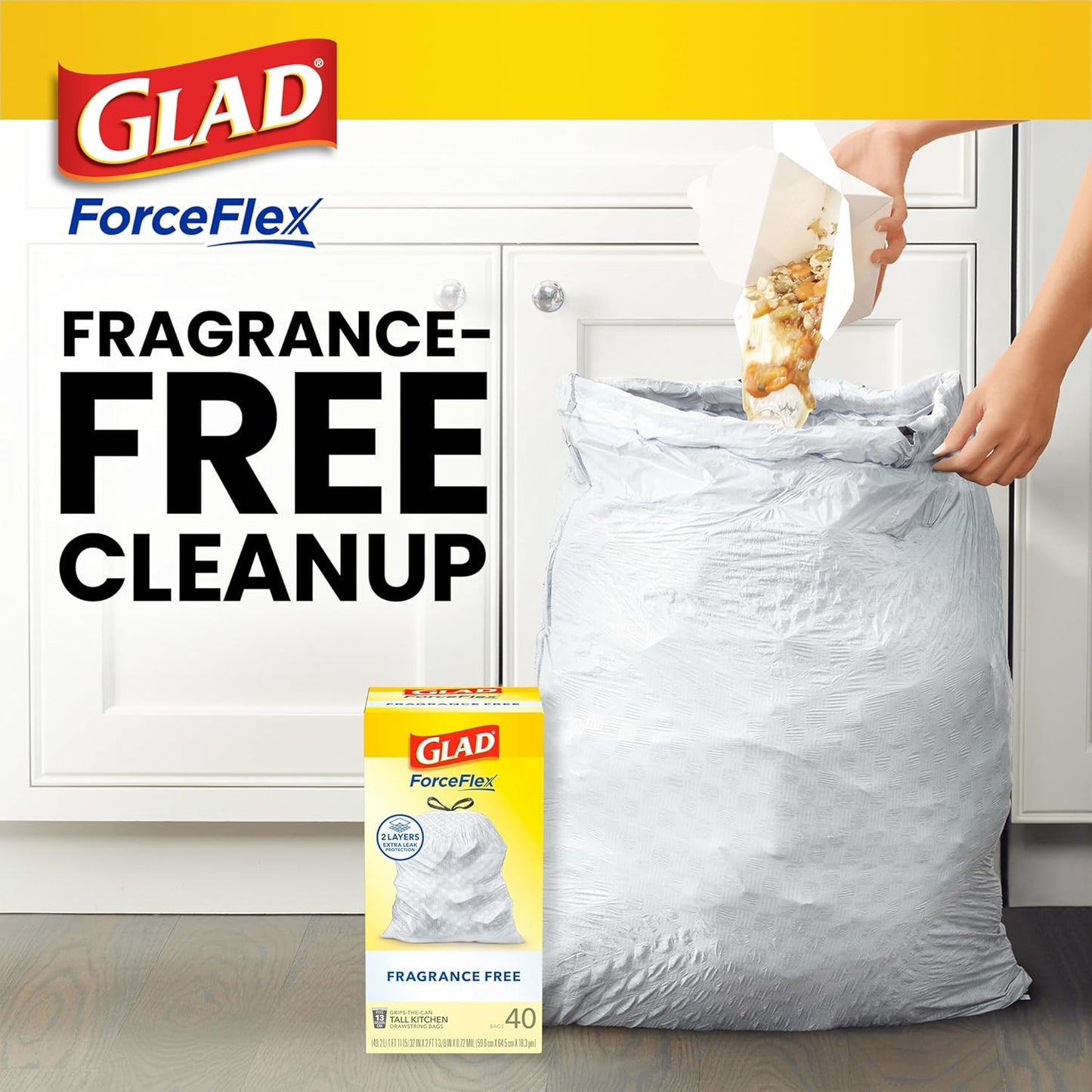Glad ForceFlex Tall Kitchen Drawstring Trash Bags, 13 Gal, Fragrance Free, 80 Ct (Package May Vary)