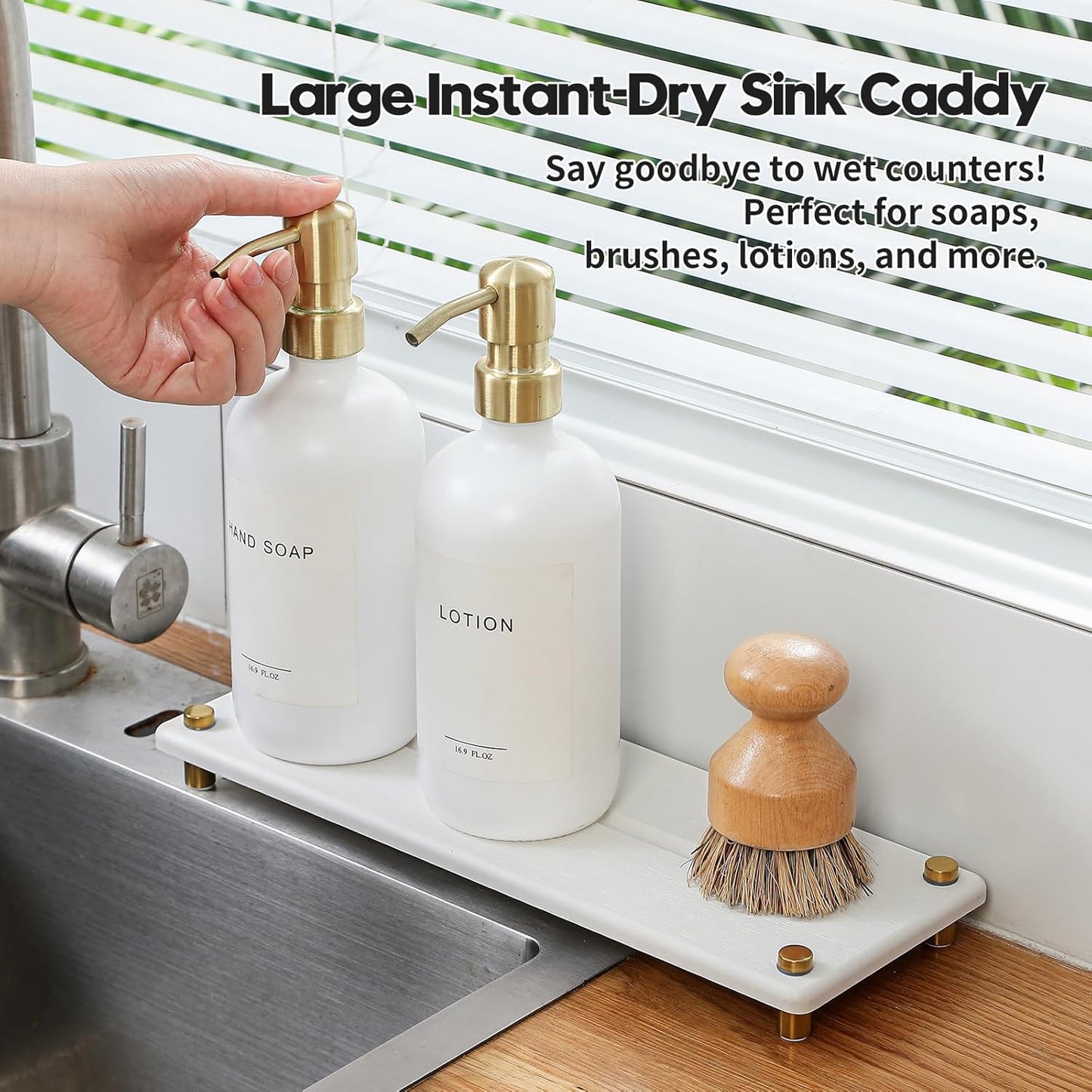 Water Absorbing Stone Sink Caddy Kitchen Sink Organizer Tray, Diatomite Bathroom Counter Tray, Gold Faucet Drying Mat Coaster Soap Dish Rack Riser Dispenser Sponge Holder, White 12.5" x 4.5"