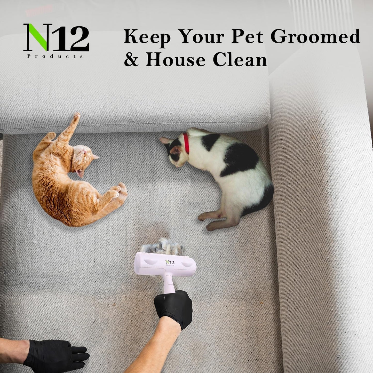 N12 Cat, Dog Hair Remover/Lint Roller and Grooming Hair Bush Combo – Pet Fur Remover for Couch, Furniture, Carpet, Car Seat & Self-Cleaning Slicker Grooming Brush with Long Pins for Shedding
