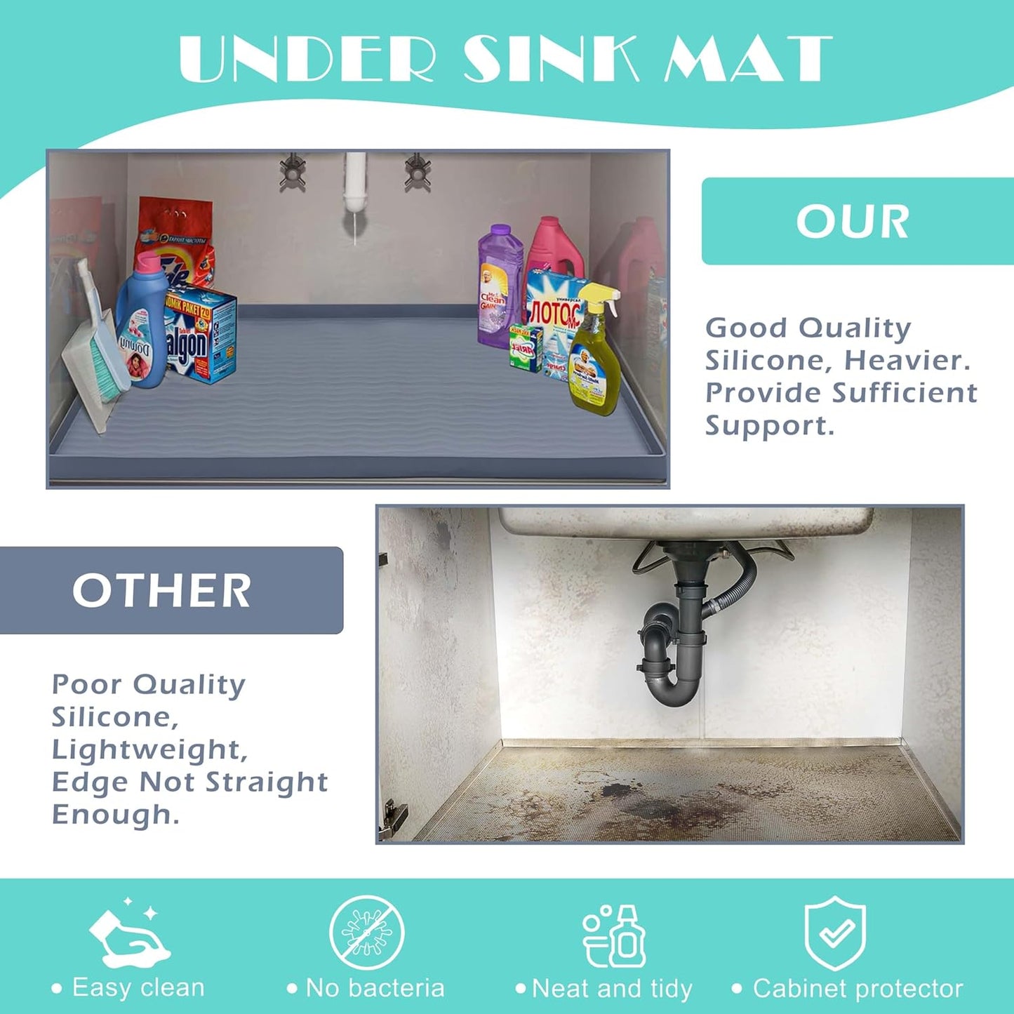 URMONA Waterproof Silicone Under Sink Mat 19'' x 12'' Shelf Liner for Kitchen and Bathroom, Cabinet and Counter Protector, Storage and Organizers, Litter Mat, Pet Cat Puppy Essentials(Cream)