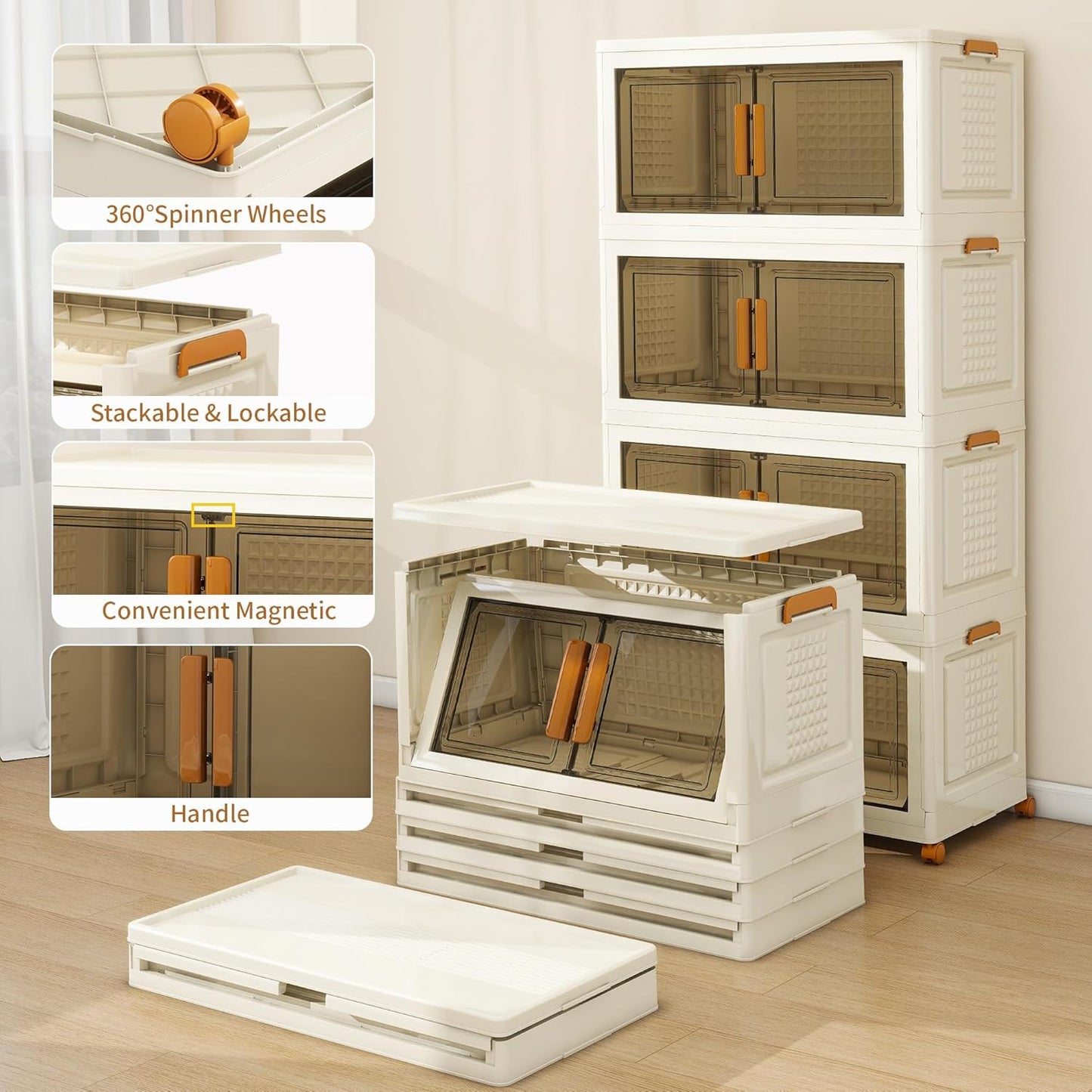 Plastic Stackable Storage Bins with Lids and Wheels, Foldable Closet Organizers and Storage Containers for Bathroom, Collapsible Clear Drawer Storage Cabinet with Doors White 22.4Gal 4Tiers