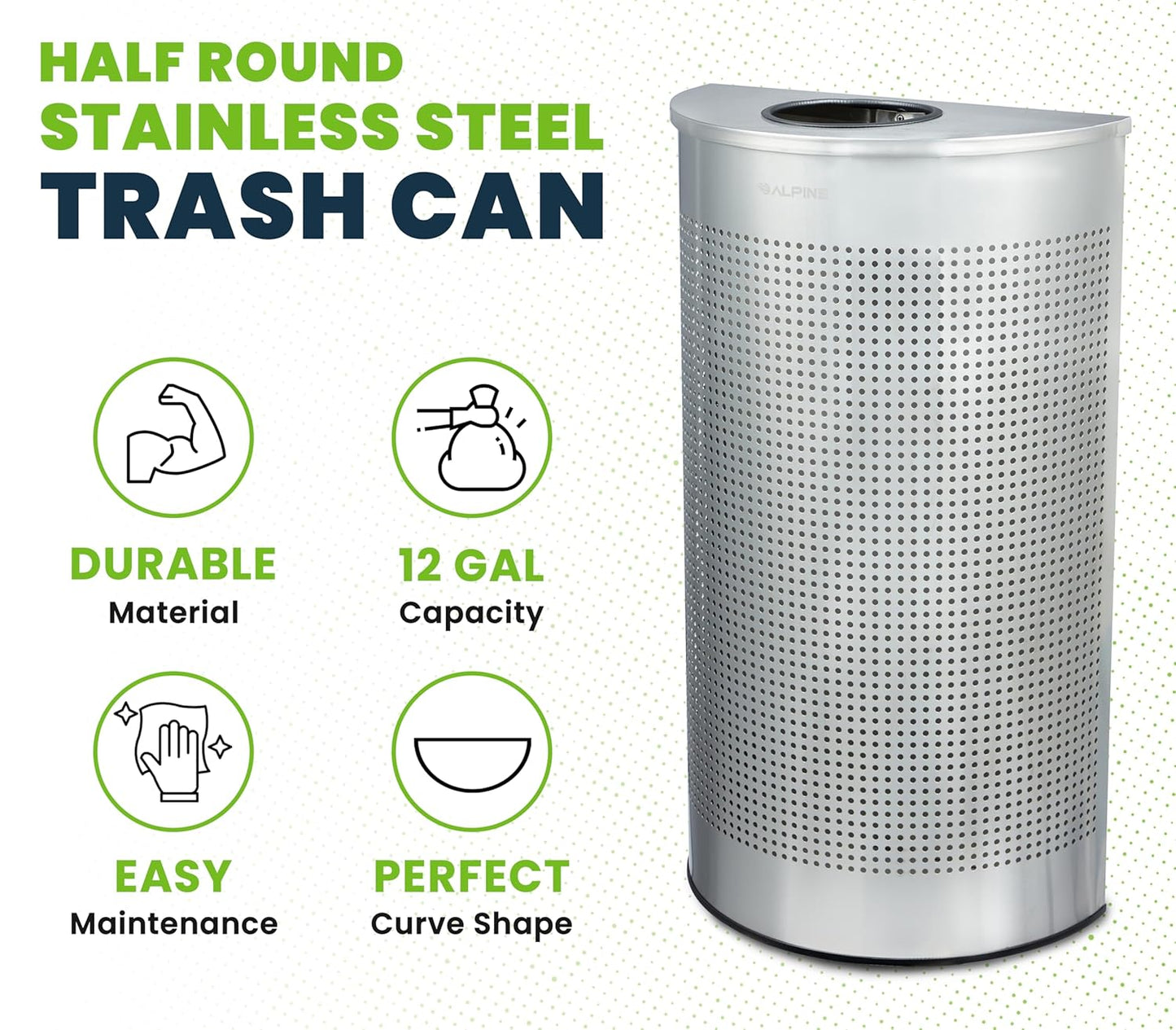 Alpine Half Round Trash Can Open Top - Modern 12 Gallon Stainless Steel Space Saving Indoor Commercial Trash Can, Narrow Garbage Can for Bathroom. Office, Lobby and Business.
