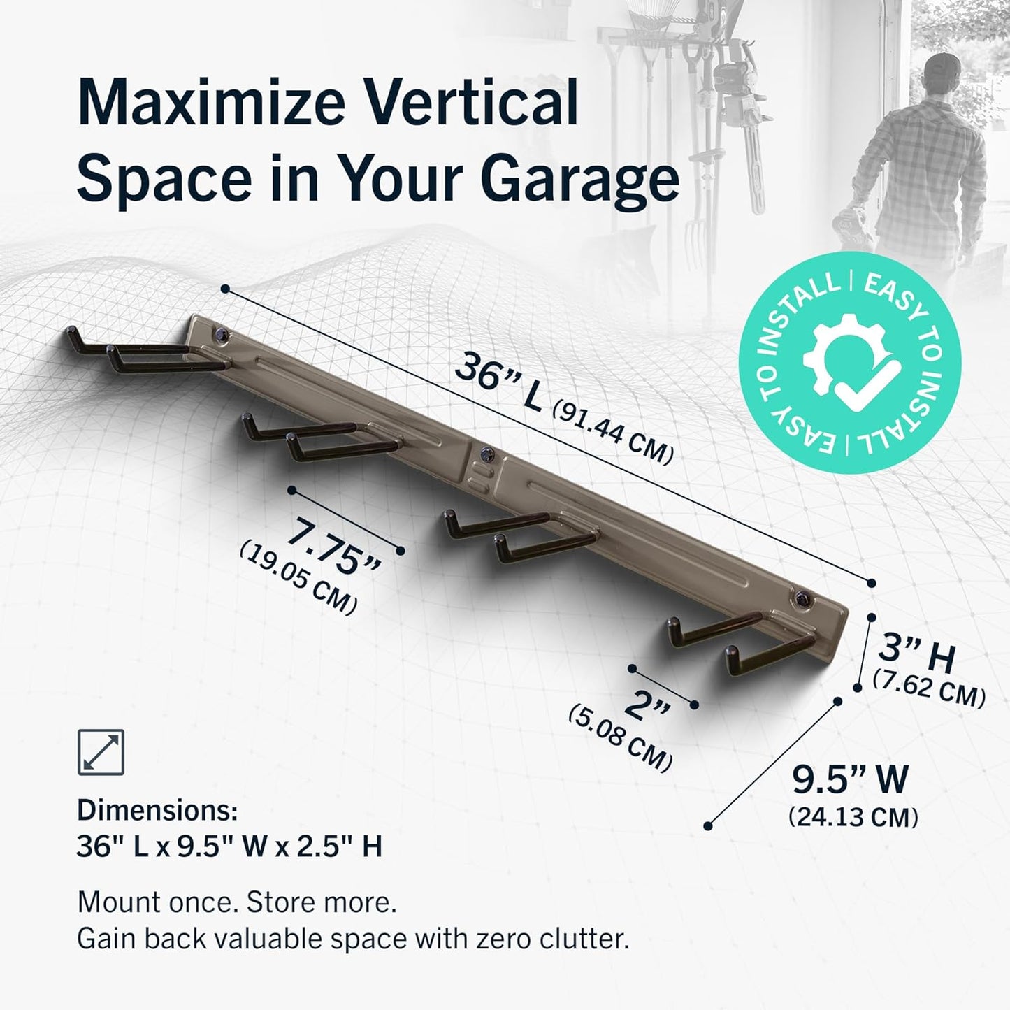 StoreYourBoard Wall-Mounted Rack With 4 Garage Hooks – Heavy-Duty Steel Holder Garage & Garden Storage for Shed, Workshop, or Home Organization – For Rakes, Shovels, Tools & More – 1 Pack, Mud