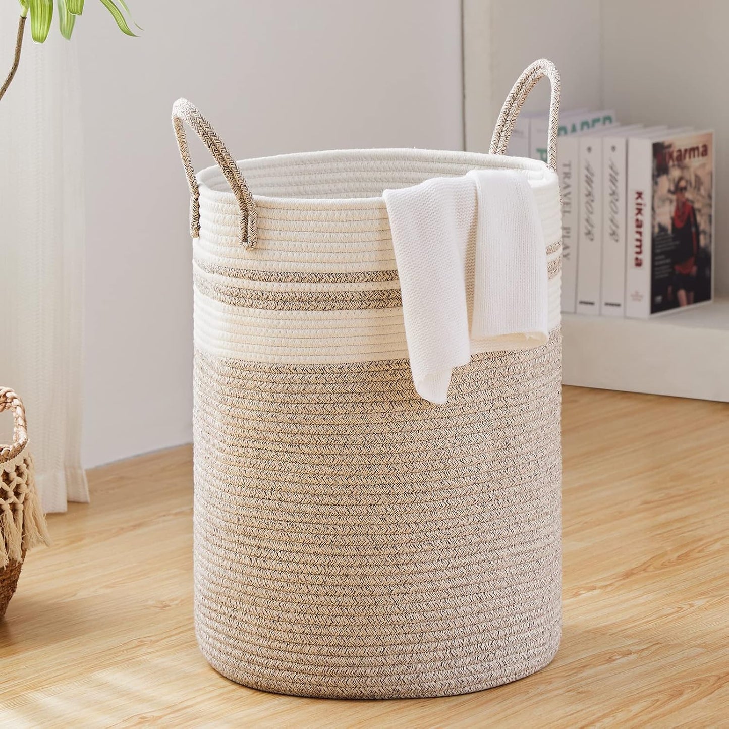 Fiona's magic 72L Large Woven Laundry Hamper, Tall Cotton Rope Storage Basket, Jute Baby Nursery Hamper for Blankets, Toys and Clothes in Bedroom and Living Room Organizing, Brown & White