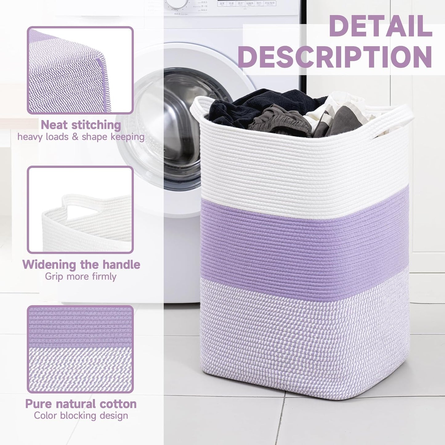 CLHMILY&Z 75L Laundry Basket Rectangular Lavender Rope - 16x13x22 Inches - Dirty Clothes and Soft Storage Bin for Blankets, Toys, and Nursery Essentials