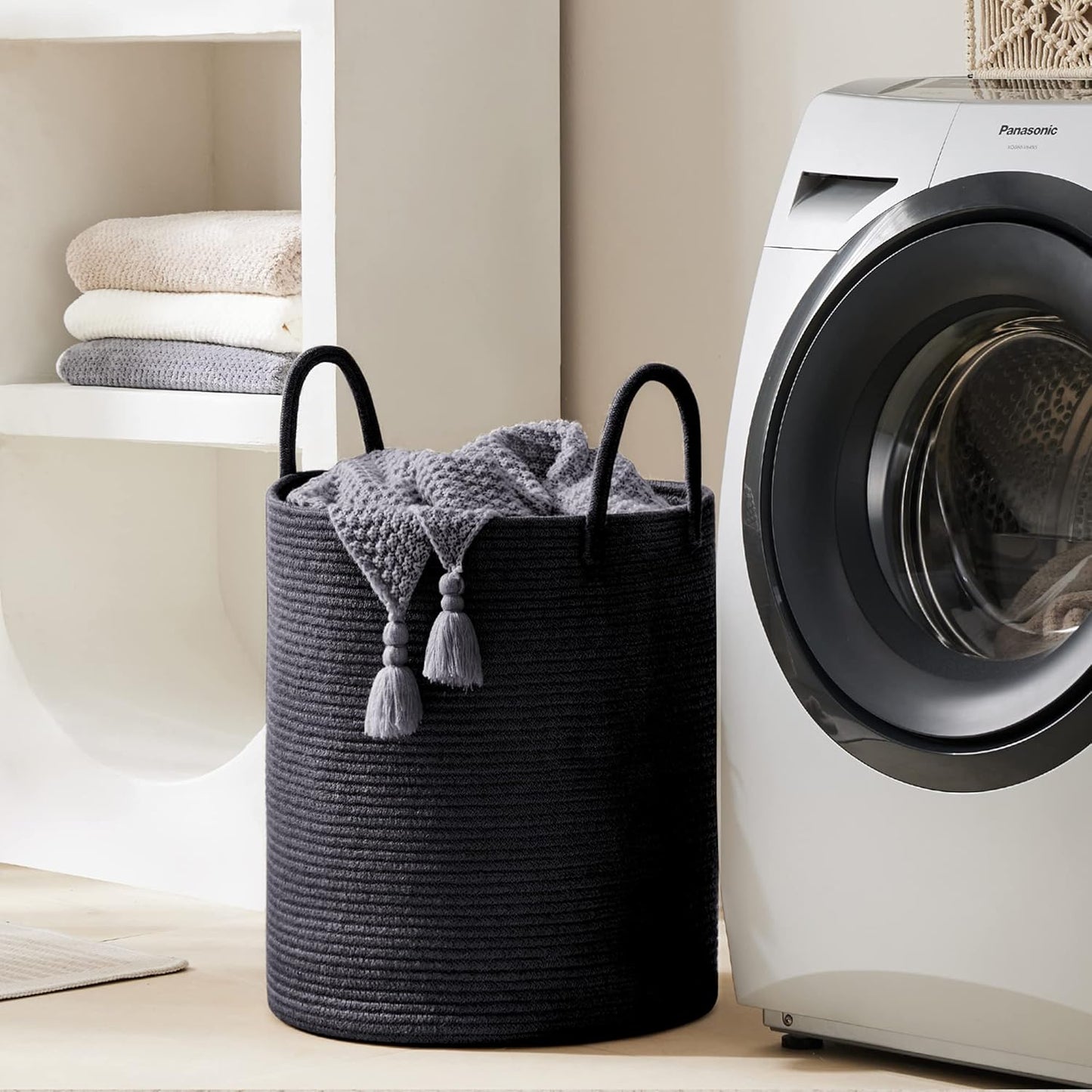 YOUDENOVA Woven Rope Laundry Hamper Basket, 58L Tall Laundry Basket, Baby Nursery Hamper for Blanket Storage in Bedroom-Large- Black