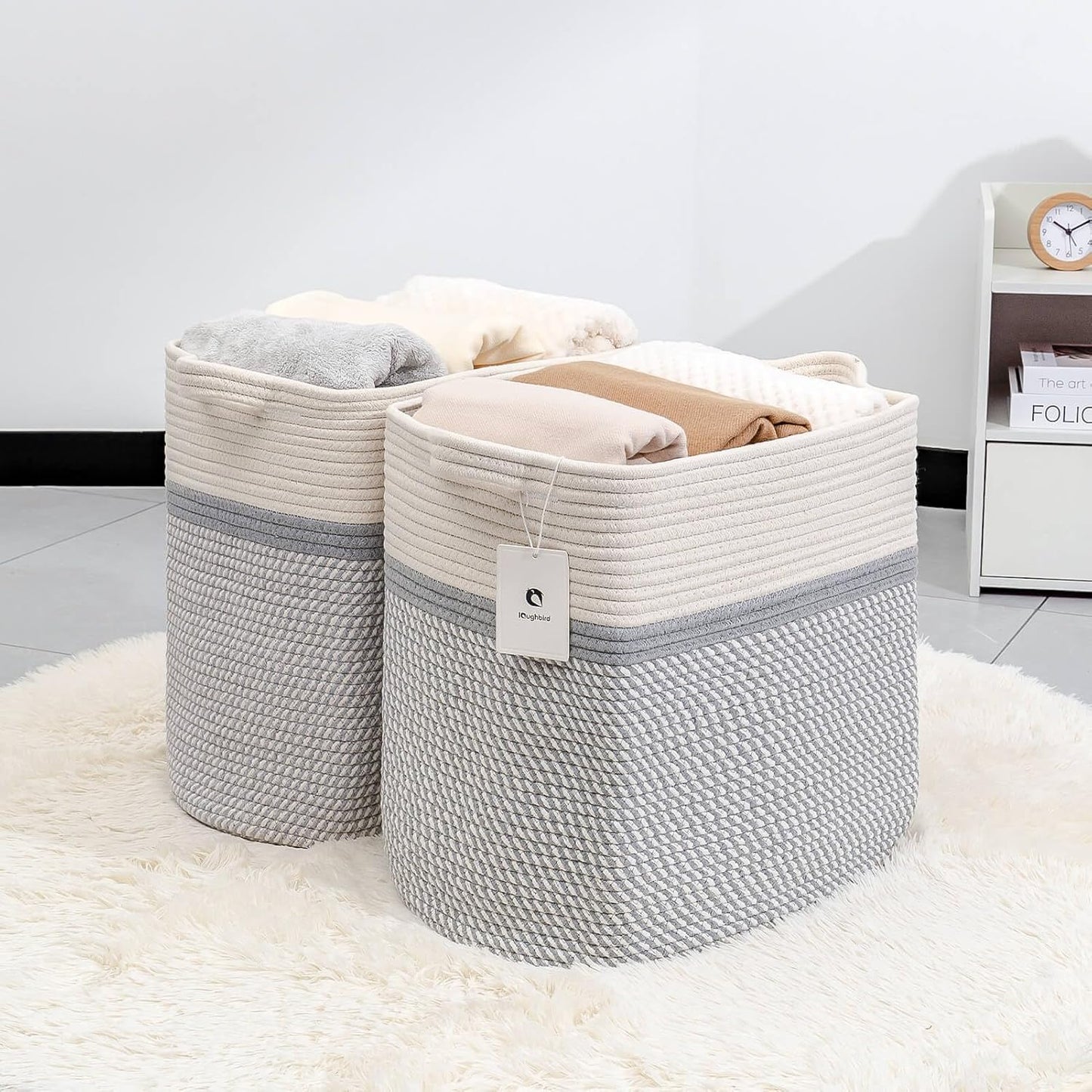 Storage Baskets for Clothes Fabric Cotton Rope Storage Basket with Handles, Decorative Woven Basket for Living Room,Closet Organizer Blankets, and 2bags (White/Gray, L16×W11.4×H15.9)
