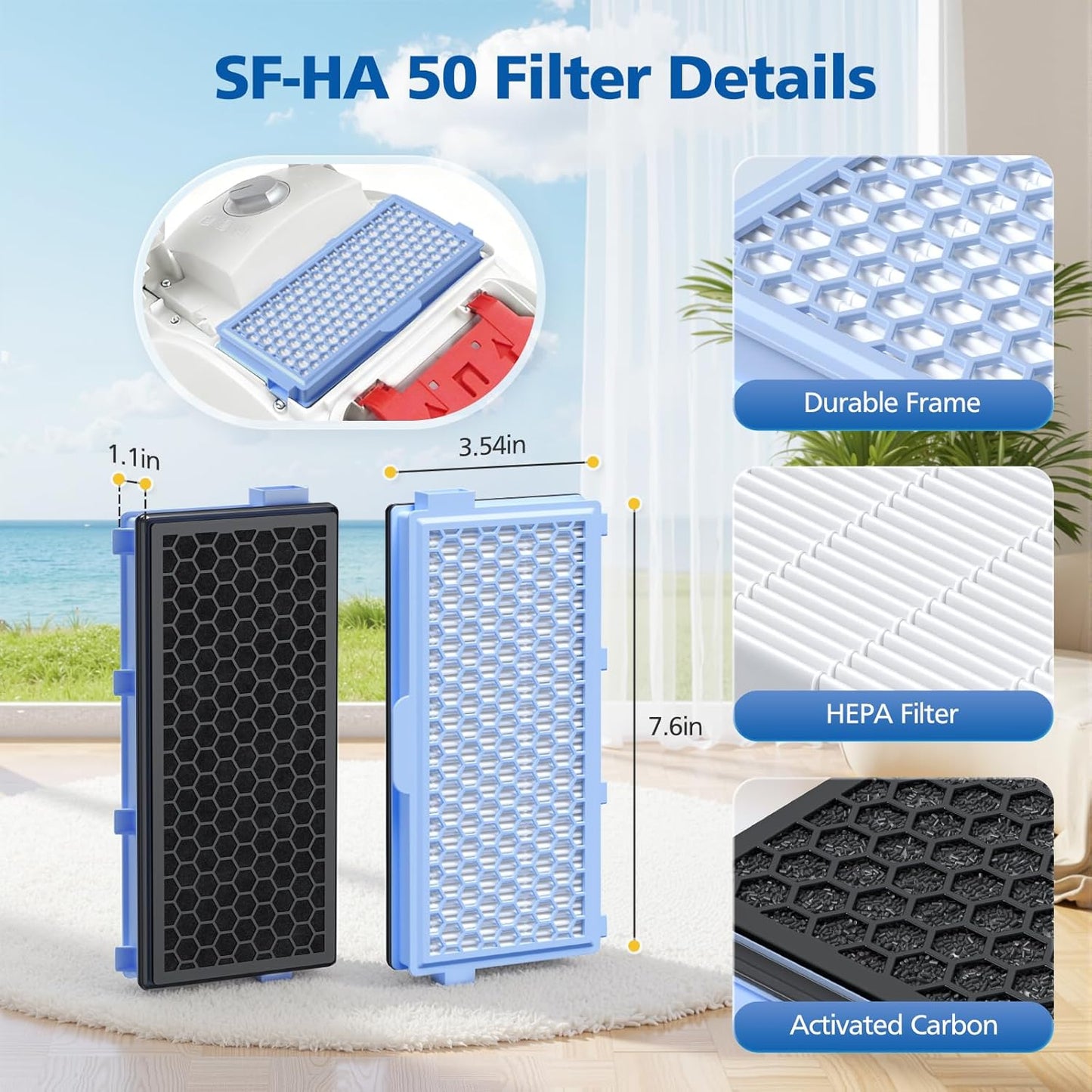 4 Pack SF-HA 50 HEPA Filters Compatible with Miele Compact C1 & C2, Complete C2 & C3, S8340, S4, S5, S6, S8, S4000–S8999 Series Vacuum Cleaners, NOT for SF-HA30, Classic C1 or Complete C1 Series