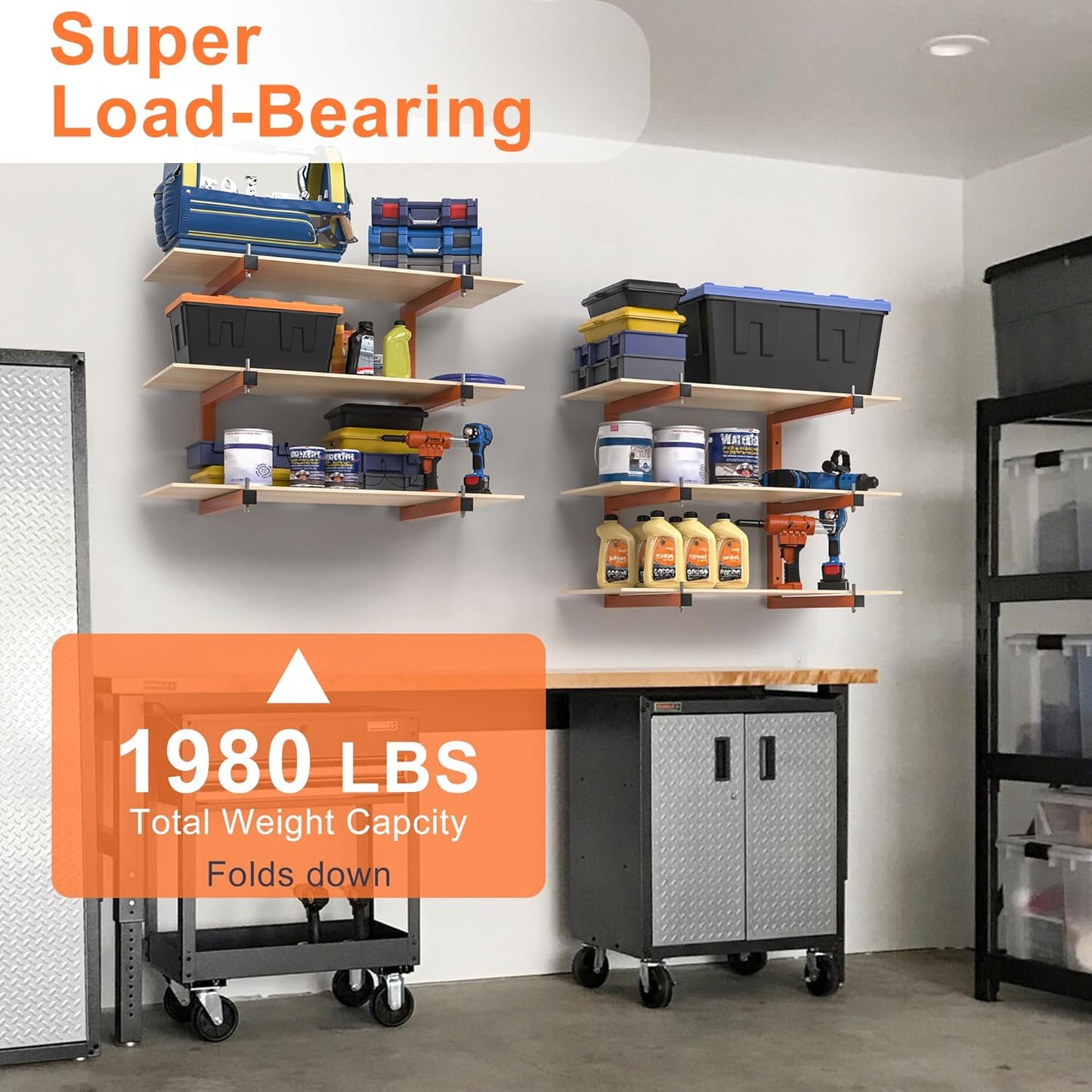 Lumber Rack Wall-Mounted Lumber Storage Rack, Heavy Duty Wood Storage Racks with 9-Level System, 1980 LB Sturdy Garage Wood Organizer, Orange Lumber Metal Racks for Indoor and Outdoor (6 Pack)