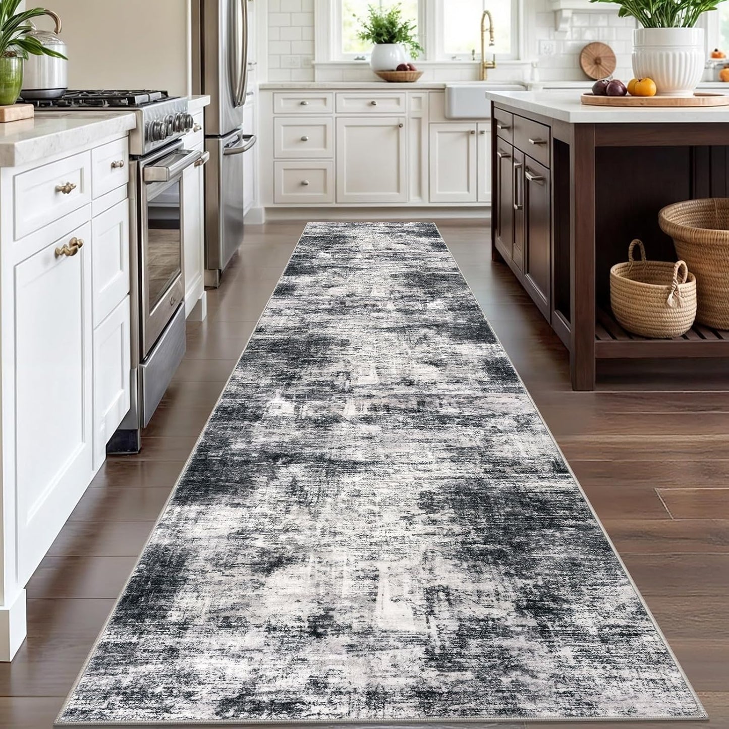 IOHOUZE Abstract Runner Rug 3x12 Ft Washable Runners for Hallways, Non Slip Kitchen Runner Printed Faux Wool Entryway Runner Indoor, Modern Abstract Floor Carpet for Hall Kitchen, Black Grey