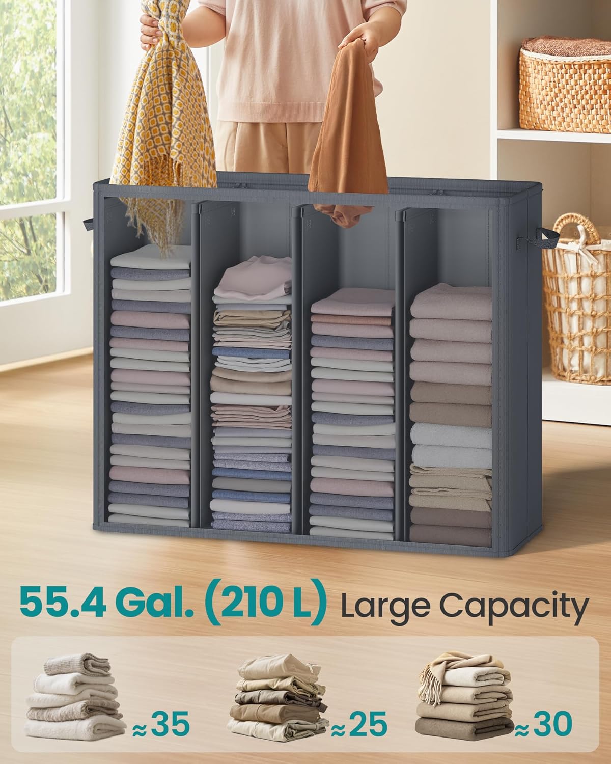 SONGMICS 55.4 Gallon (210 L) Laundry Hamper, 4-Compartment Laundry Basket Sorter with Lid, Labels, Removable Liner Bags, for Bedroom, Dark Gray URLH014G01