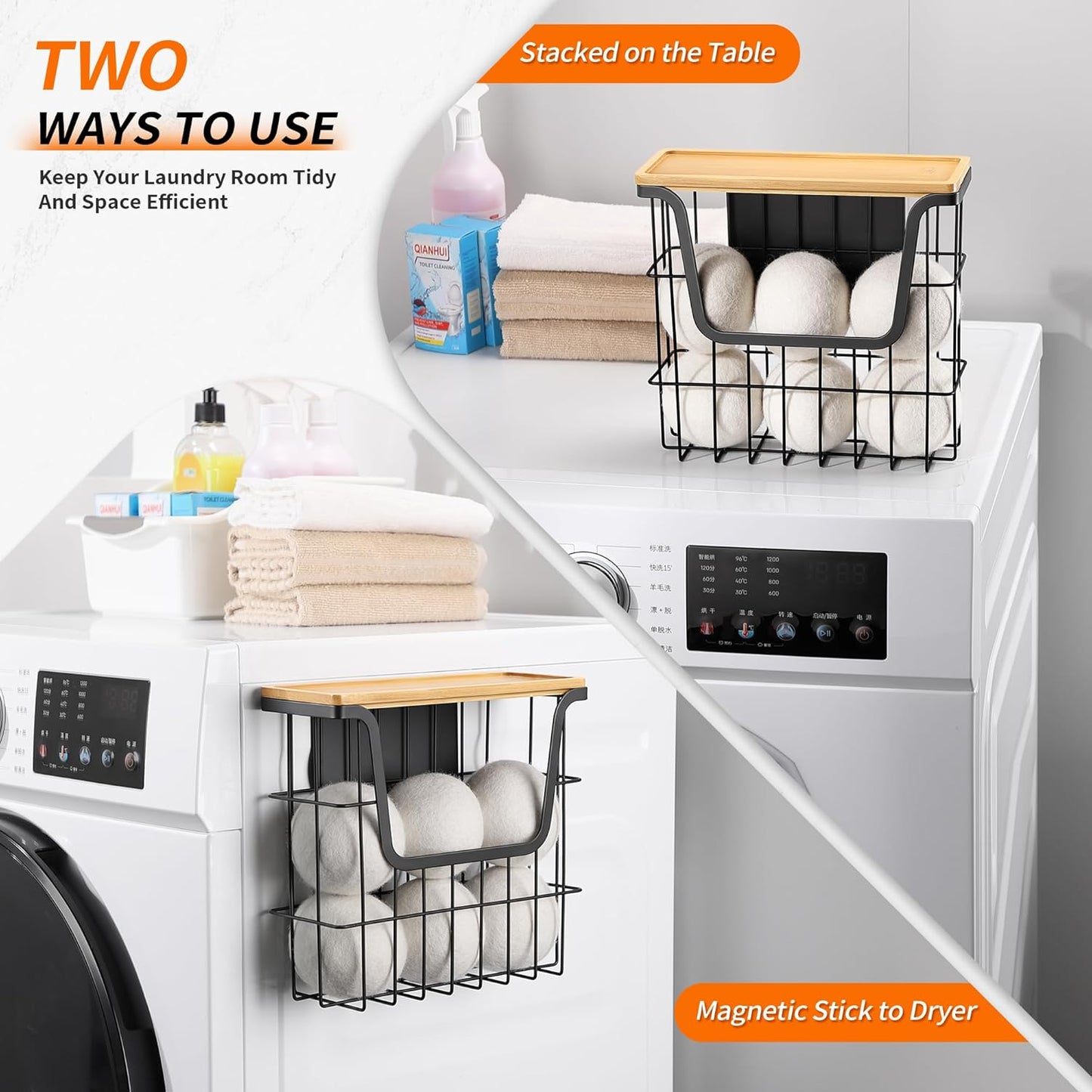 Magnetic Dryer Ball Holder - Black Basket for Laundry Room Organization and Storage with Bamboo Top - Magnetic Lint Bin Suitable for Washer and Dryer / Fridge / Whiteboard (No Balls)