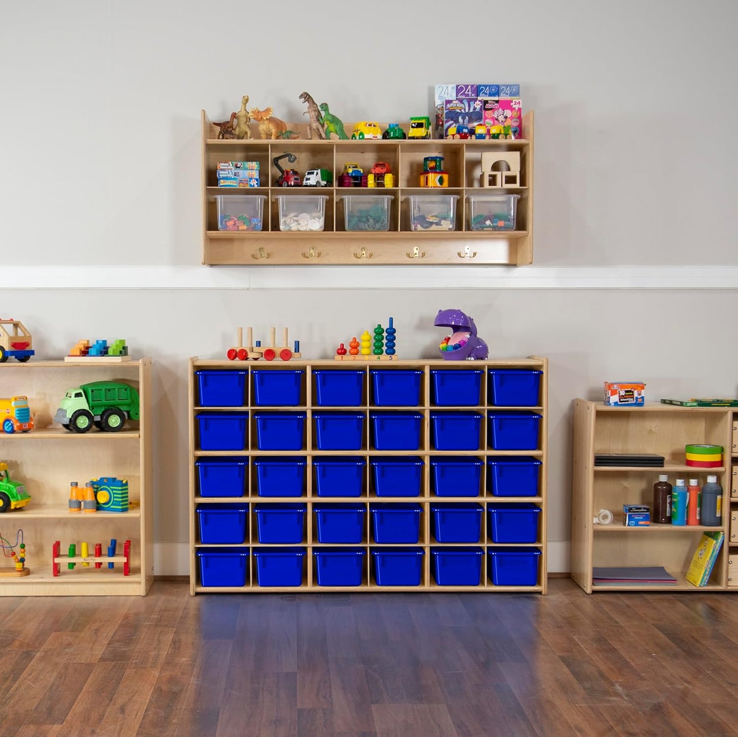 Wood Designs Cubby Storage Bin, Heavy Duty Plastic Containers for Kids Blue Cubby Tray Set of 12