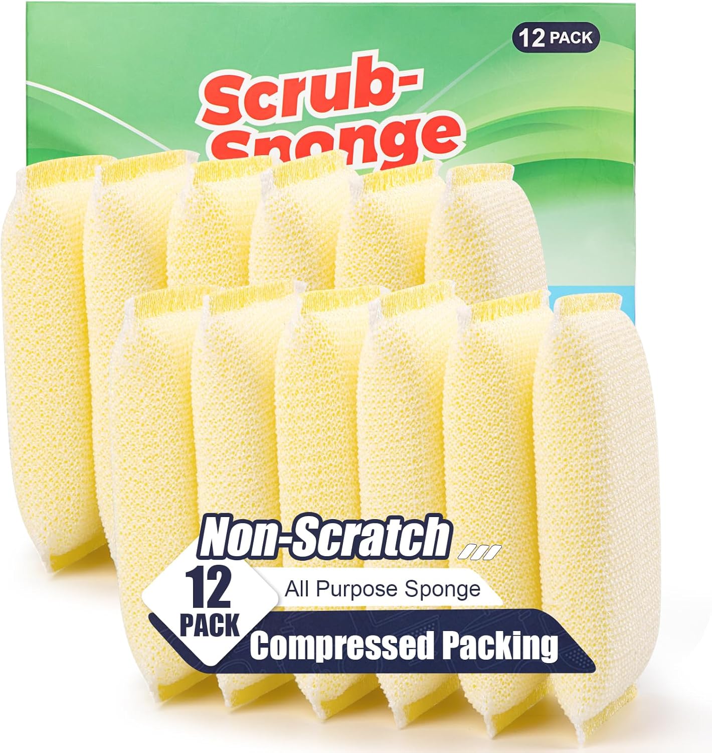 All-Purpose Non Scratch Sponges，Sponges Kitchen for Washing and Cleaning Dishes, Non-Stick Cookware,Premium Scrub and Scrubbers，Cleaning of Kitchen, Bathroom,and Household,12Pad