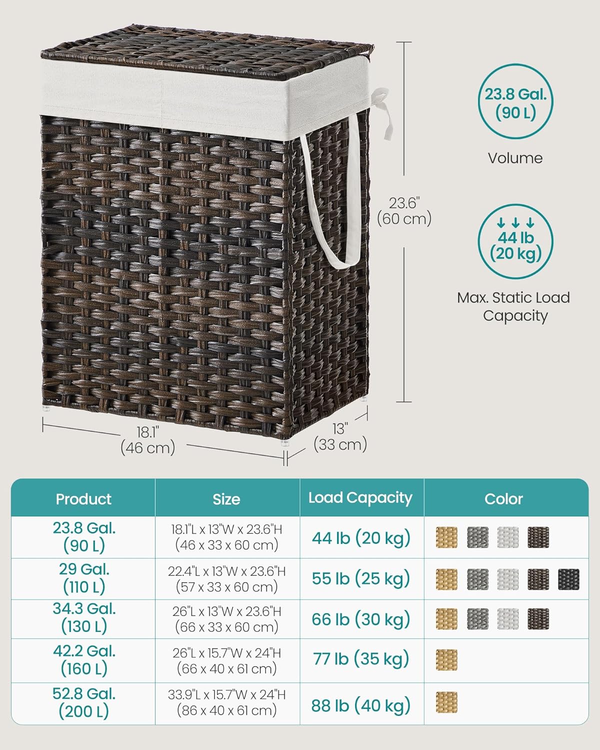 SONGMICS Laundry Hamper with Lid, 90L Clothes Hamper with 2 Removable Liner Bags, 6 Mesh Bags, Wicker Laundry Basket, Double Laundry Hamper for Bathroom, 13 x 18.1 x 23.6 Inches, Brown ULCB251K01V1