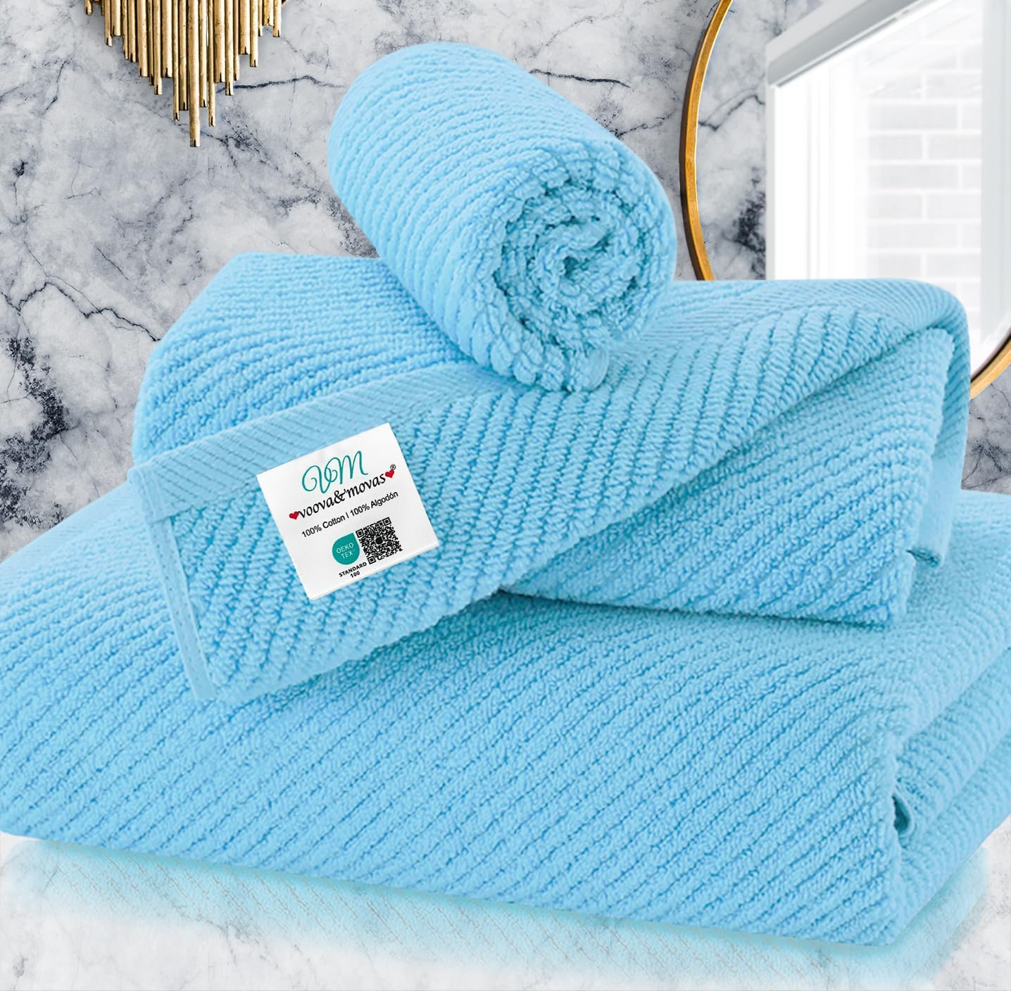 VOOVA & MOVAS Ocean Blue Towels for Bathroom, 100% Cotton | Quick Dry | Soft | Thick,3 Piece Towel Set, 1 Large Bath 30" x 56", 1 Hand 18" x 28", 1 Wash Cloth 13" x 13", Bathroom Essentials