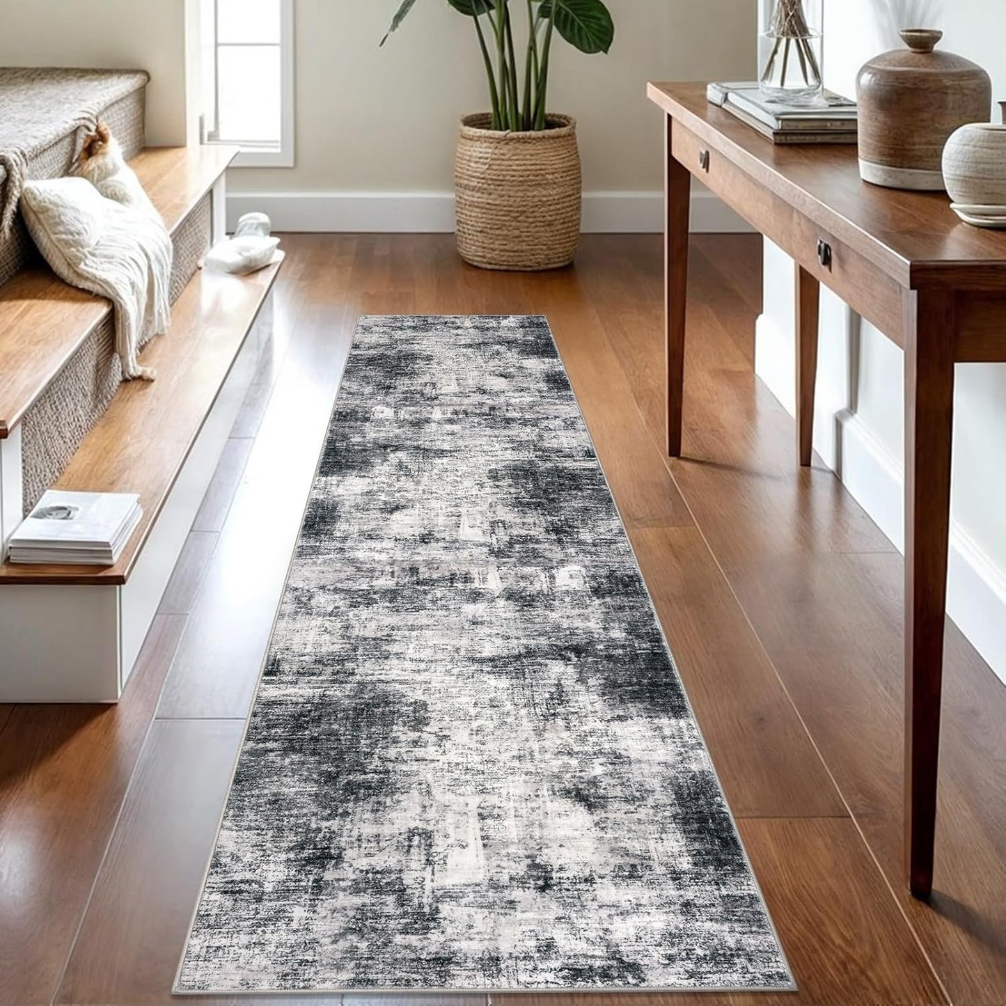 IOHOUZE Abstract Runner Rug 2x8 Ft Washable Runners for Hallways, Non Slip Kitchen Runner Printed Faux Wool Entryway Runner Indoor, Modern Abstract Floor Carpet for Hall Kitchen Bedroom, Black Gey