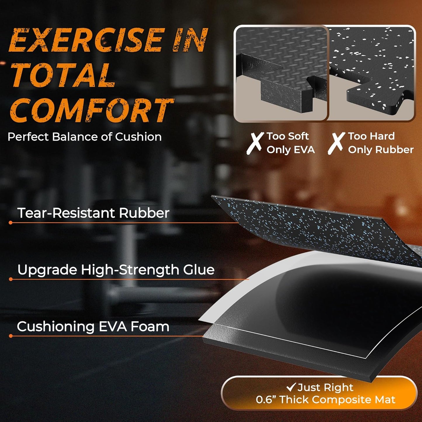 PRAISUN 0.6" Thicker Gym Mat, 6 Tiles 24 Sq Ft Workout Mats, Interlocking Foam Tiles with Rubber Top, High Density EVA Foam, Exercise Mat, Gym Flooring for Home Gym, Garage, 24 x 24in, Black/Blue