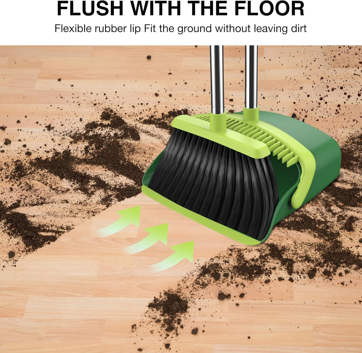 Broom and Dustpan Set, 52-in Long Adjustable Handle Broom Dustpan Combo with Dust pan Teeth to Automatically Clean Hair Suitable for Home Kitchen Office Hall Floor (Green), 2 Pack