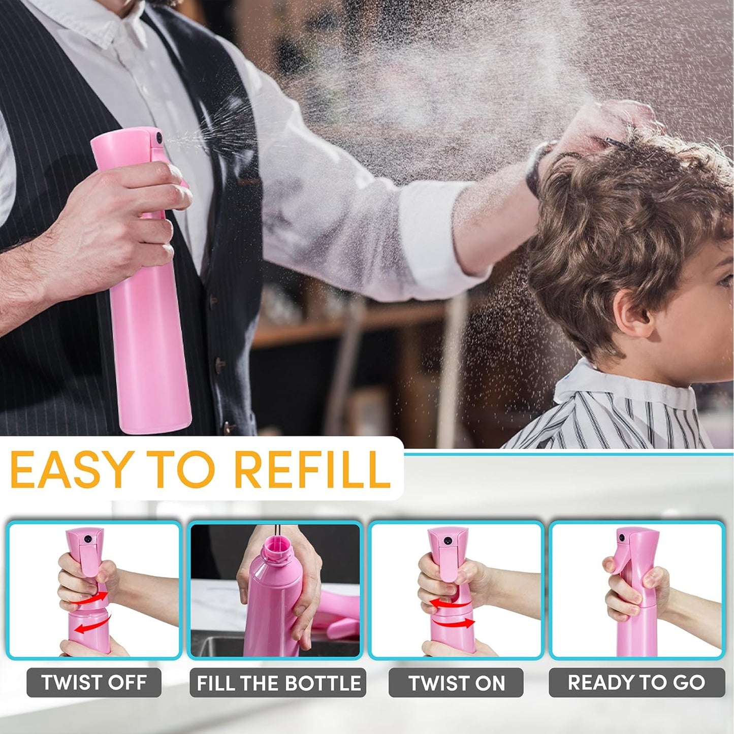 Hula Home Continuous Spray Bottle for Hair (10.1oz/300ml) Empty Ultra Fine Plastic Water Mist Sprayer – For Hairstyling, Cleaning, Salons, Plants, Essential Oil Scents & More - Pink