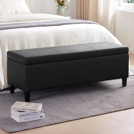 HUIMO Faux Leather Storage Ottoman Bench 50.3 Inch Extra Long PU Upholstered Bedroom Bench with Large Storage Space for The Living Room, Entryway, Bedroom Hold Up to 300lbs (Black)