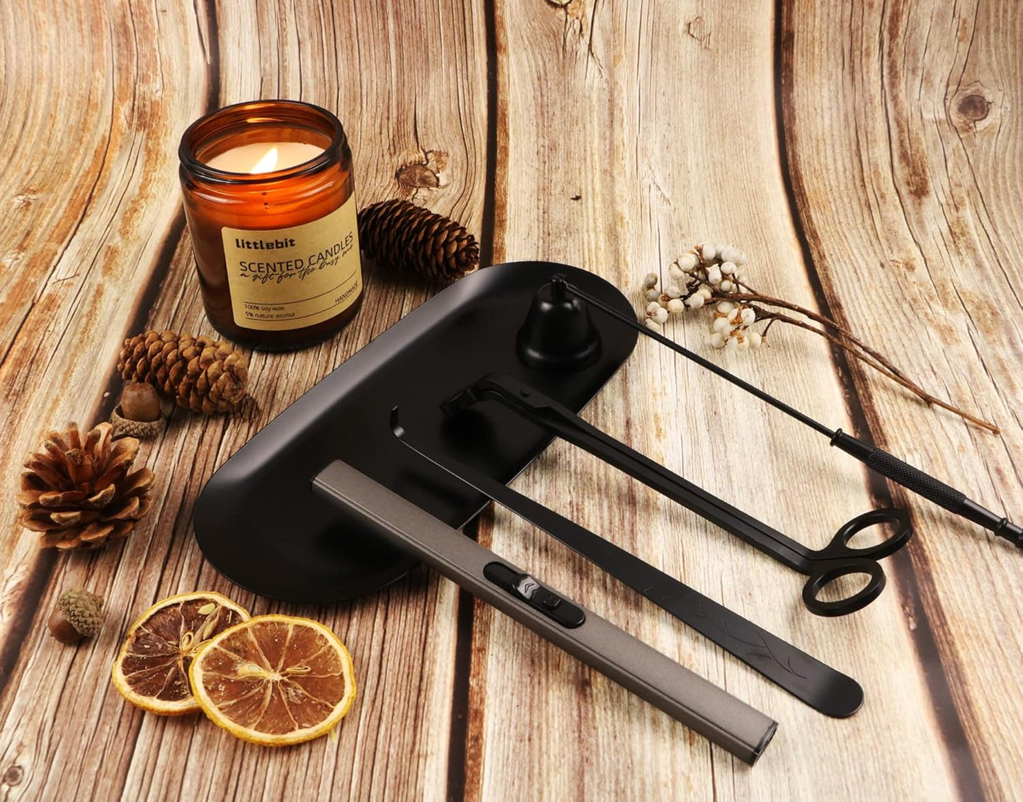 5IN1 Candle Accessory Set, Candle Wick Trimmer Cutter, Candle Snuffer & Candle Wick Dipper,Electric Lighter,Storage Tray Plat & Bag for Aromatherapy Candle Lover (Black)