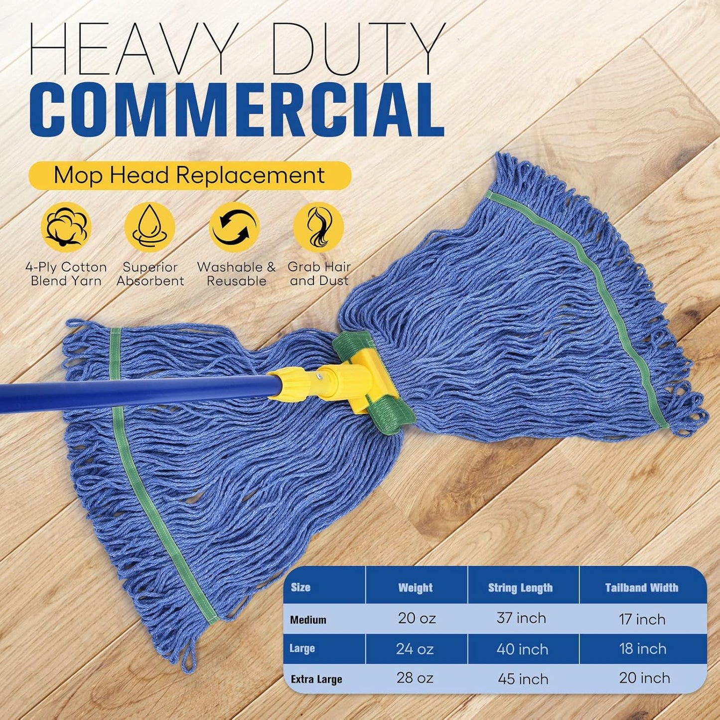 Matthew Cleaning Commercial Mop Head Replacement, 5 Inch Wide Headband, Looped End Cotton Blend String Wet Mops for Floor Cleaning, 18 oz Medium, 1-Pack Blue