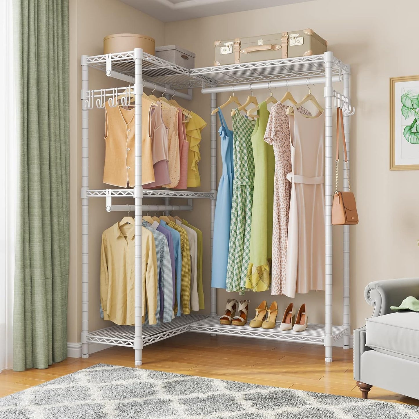 VIPEK L4 Garment Rack L Shaped Clothes Rack for Corner, Freestanding Portable Wardrobe Closet Heavy Duty Clothing Rack with 3 Hanging Rods & 2 Side Hooks, 43.3"Lx29.1"Wx76.4"H, Max Load 810LBS, White