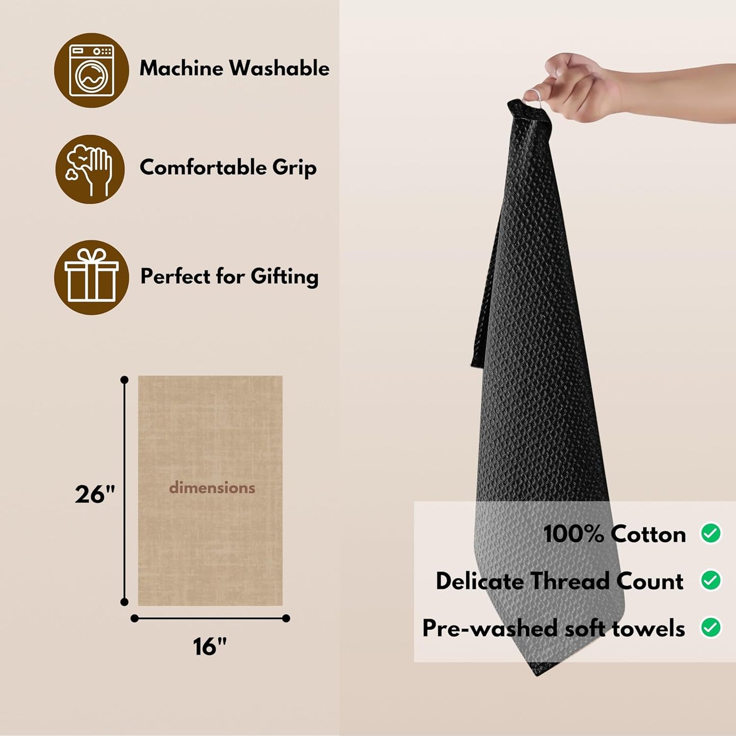 Native Fab Cotton Kitchen Towel with Hanging Loop 16x26 inches, 12-Pack, Waffle Weave Kitchen Towels for Cleaning Drying, Washcloths Soft & Absorbent Cloth Rags, Bar Towel, Dish Cloth, Black