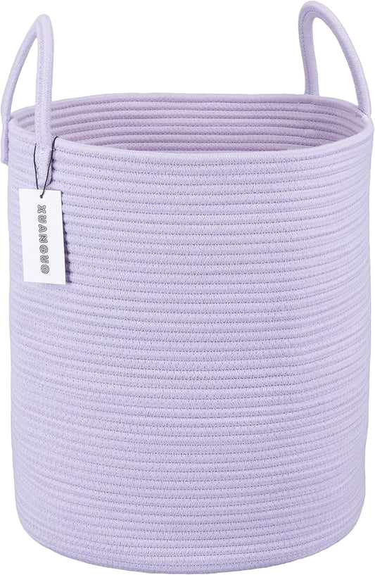 Rope Laundry Basket Hamper for Clothes Woven Storage Basket for Living Room Bedroom Boho Tall Rope Baskets for Blanket Toys Pillow Towels Baby Nursery Hamper Bin Large purple or lavender