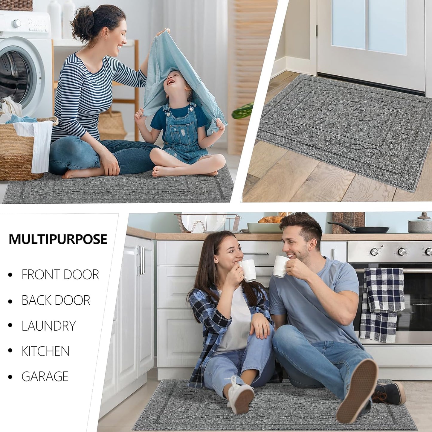 FONEYI Indoor Door Mat 24" x 36", Dirt Trapper Door Mats Non-Slip Entryway Rugs Washable, Absorbent Resist Dirt Welcome Mat, Low Profile Inside Floor Mats for Front Back Door and Entryway, Light Grey