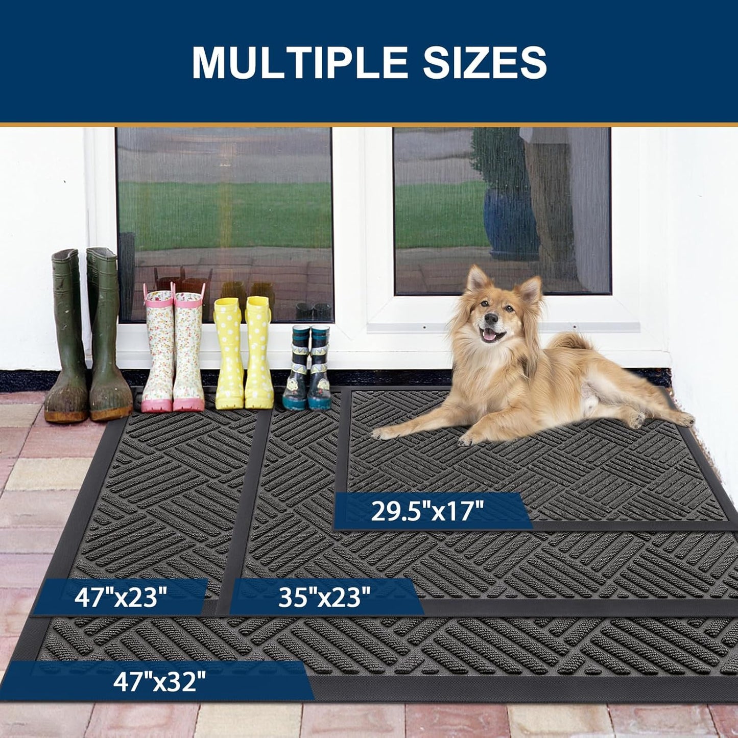 Smiry Front Door Mat Outside Entrance, Heavy Duty Outdoor Indoor Natural Rubber Doormat, Non Slip, Trap Dirt and Moisture, Easy Clean, Low Profile Patio Porch Entryway Mat, 47x32, Grey