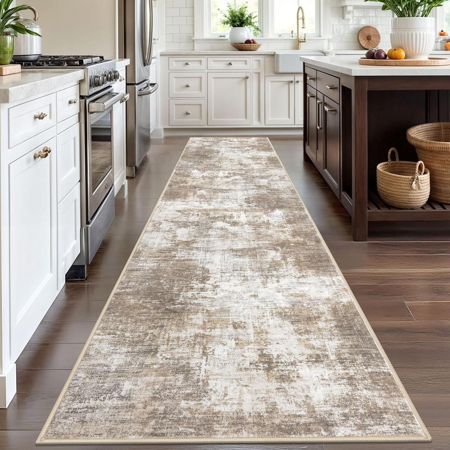 IOHOUZE Abstract Runner Rug 3x12 Ft Washable Runners for Hallways, Non Slip Kitchen Runner Printed Faux Wool Entryway Runner Indoor, Modern Abstract Floor Carpet for Hall Kitchen, Beige Brown