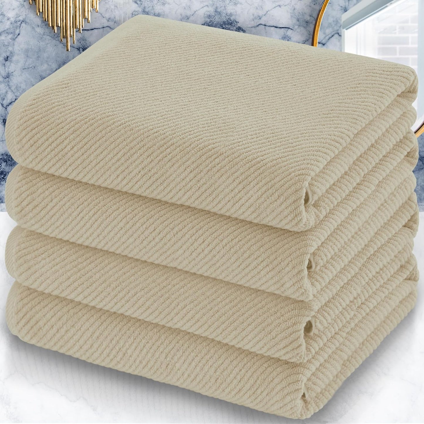 VOOVA & MOVAS Bath Towel Set, Large 30" x 56" - 100% Cotton | Quick Dry | Light Weight | Thick | Soft | Absorb, Lightweight Bath Towels, 4PC Shower Towels for Bathroom, Bathroom Essentials, Beige